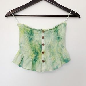 Tie Dye Green Ruched Ruffled Tube Crop Top